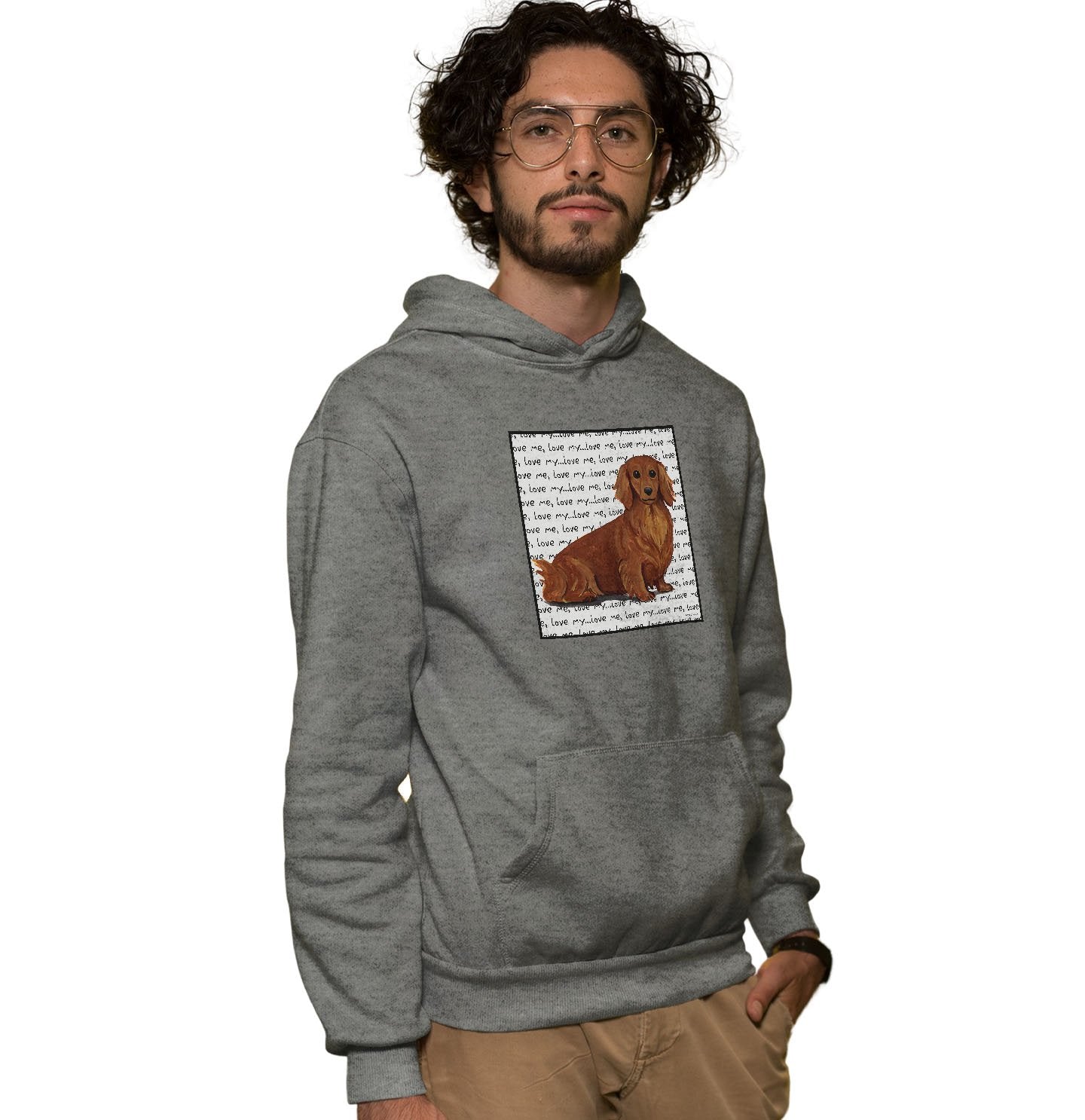 Long Haired Dachshund Love Text - Adult Unisex Hoodie Sweatshirt