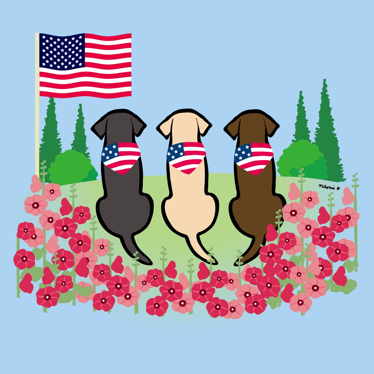 USA Flag Bandanas on Three Labs - Adult Unisex T-Shirt