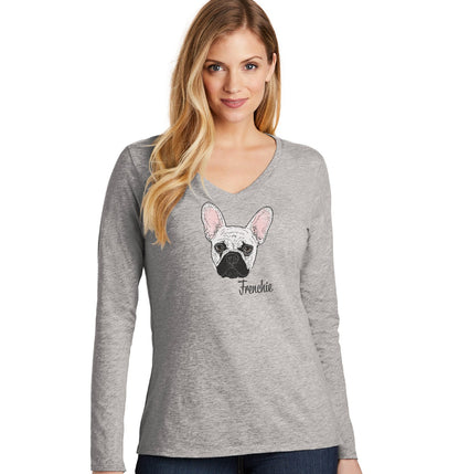 White Frenchie Headshot - Women's V-Neck Long Sleeve T-Shirt