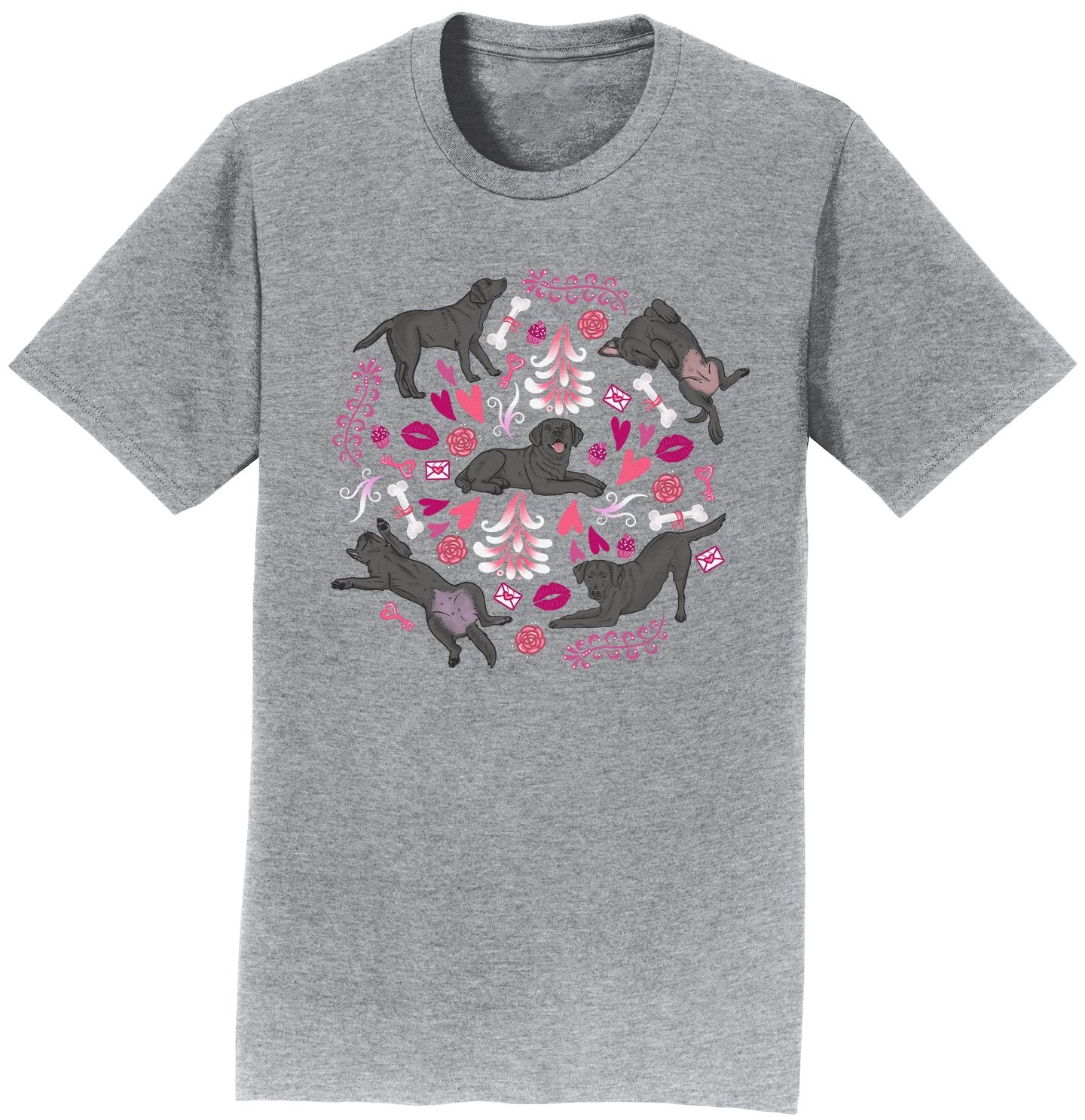 Black Labrador Pink Fleur Pattern - Adult Unisex T-Shirt