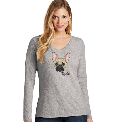 Tan Frenchie Headshot - Women's V-Neck Long Sleeve T-Shirt