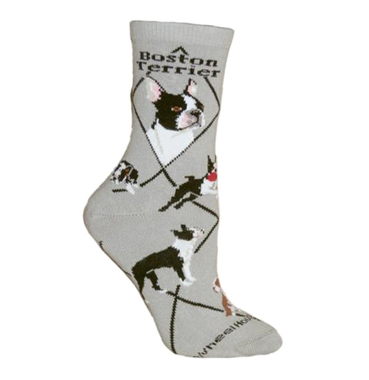 Animal Pride - Boston Terrier on Grey - Adult Cotton Crew Socks