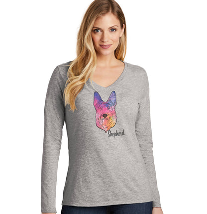 Animal Pride - Colorful German Shepherd Headshot - Women's V-Neck Long Sleeve T-Shirt