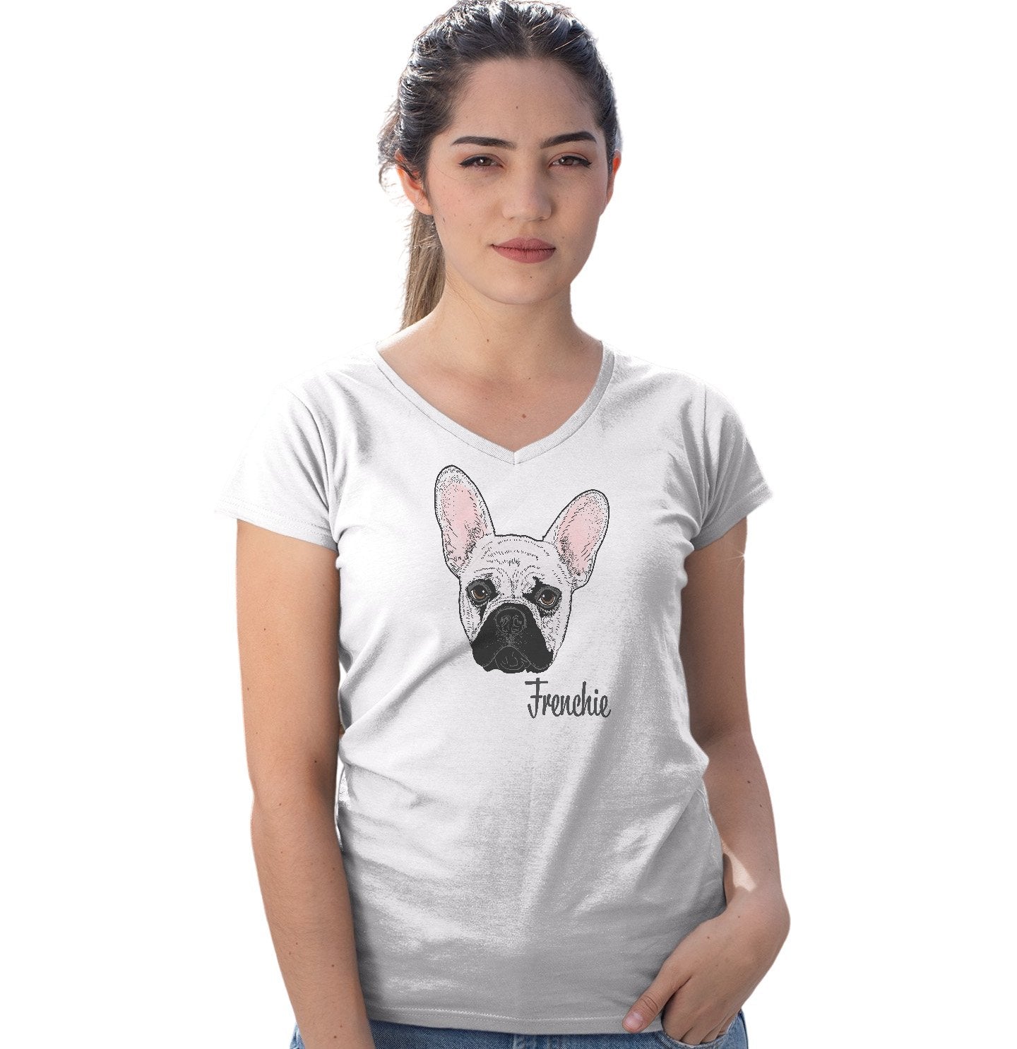 Animal Pride - White Frenchie Headshot - Women's V-Neck T-Shirt