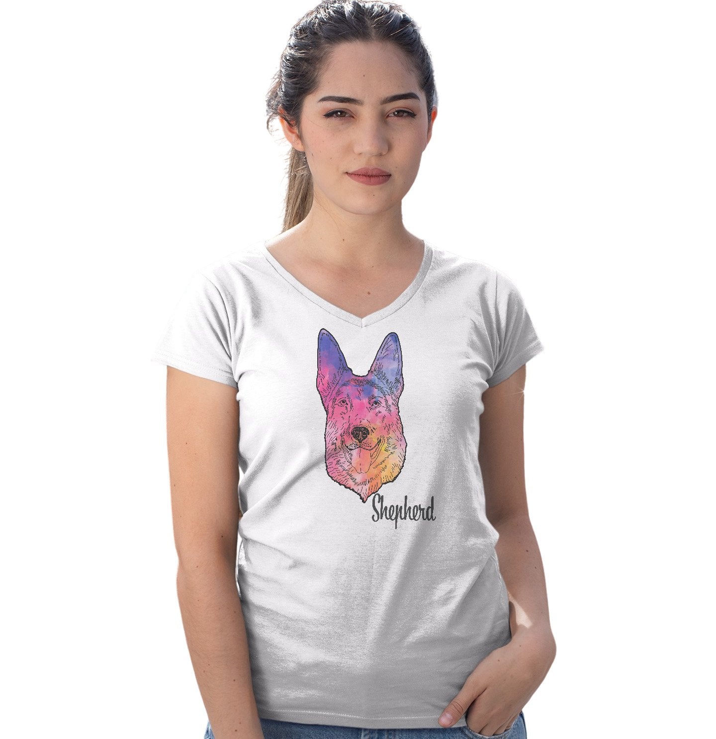 Animal Pride - Colorful German Shepherd Headshot - Women's V-Neck T-Shirt