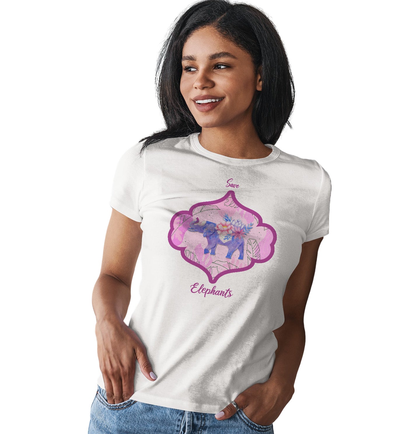 Animal Pride - Save Elephants Pink Flowers - Women's Fitted T-Shirt