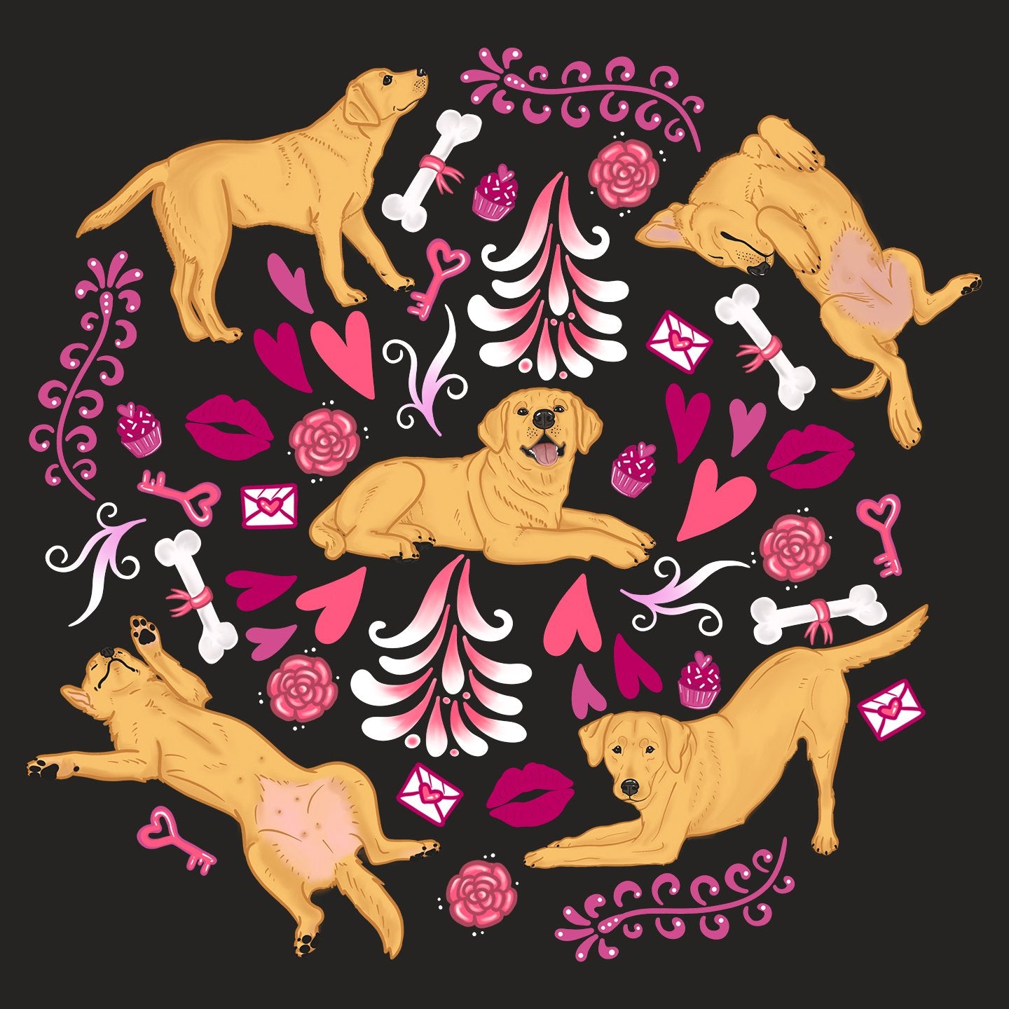 Yellow Labrador Pink Fleur Pattern - Women's V-Neck T-Shirt