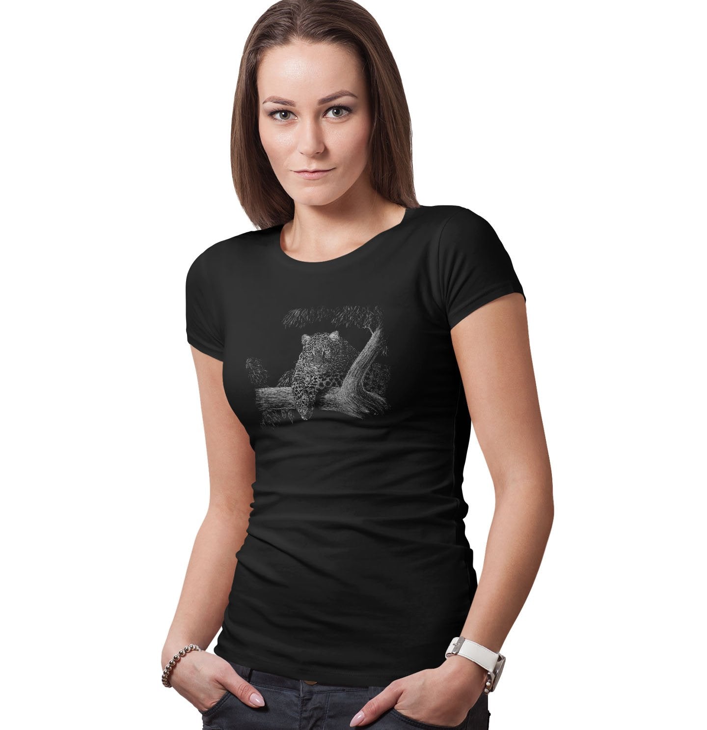 Leopard on Black - Women's Fitted T-Shirt - Animal Tee