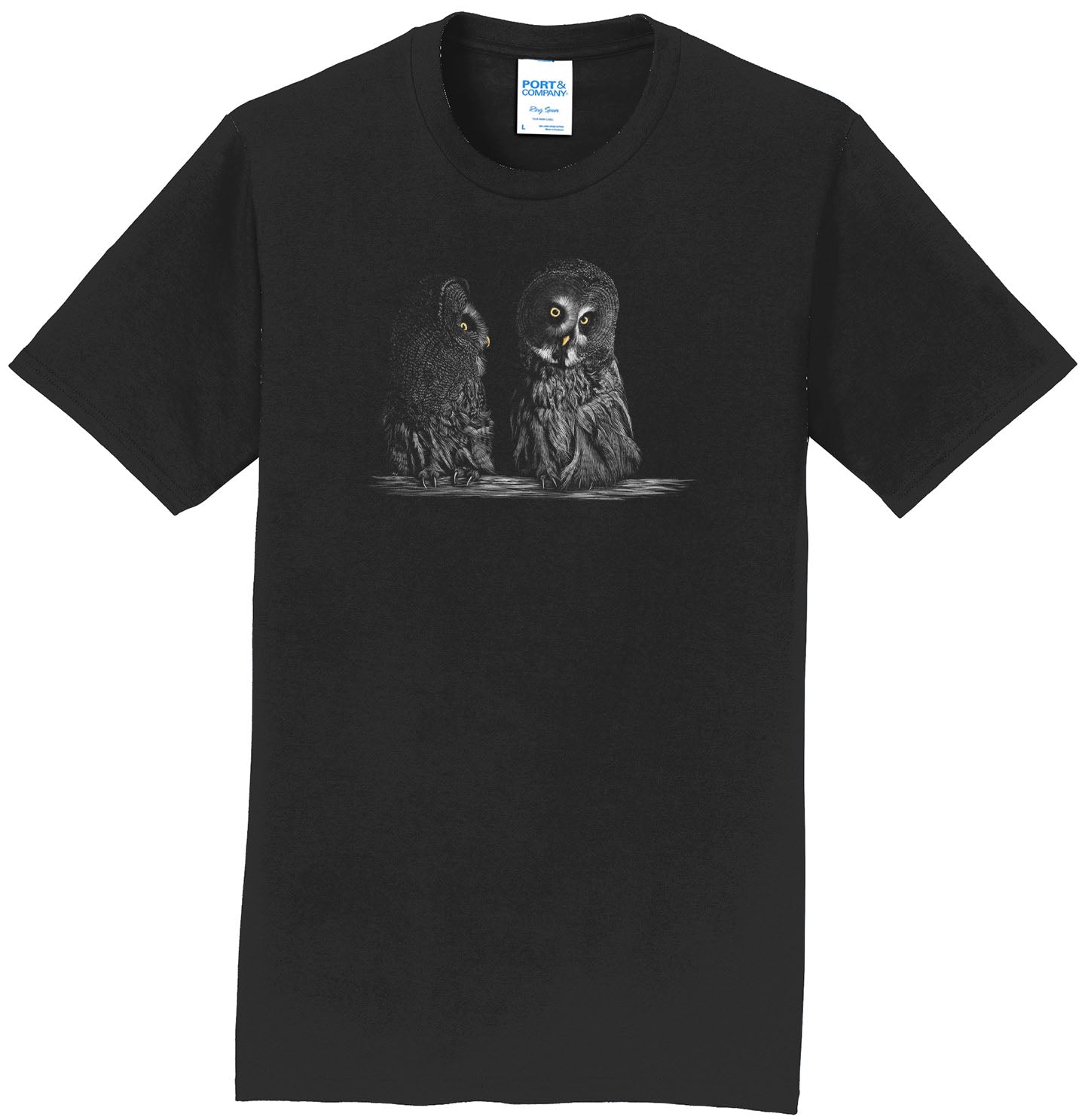 Great Grey Owls on Black - Adult Unisex T-Shirt