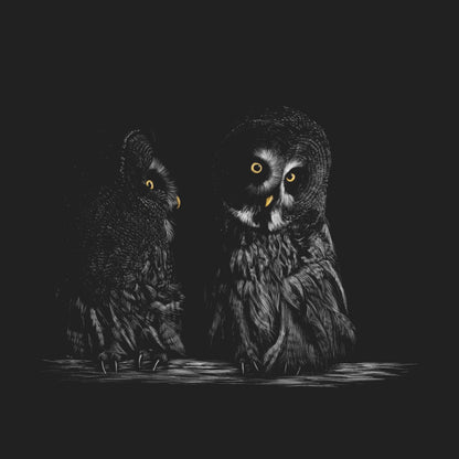 Great Grey Owls on Black - Adult Unisex T-Shirt